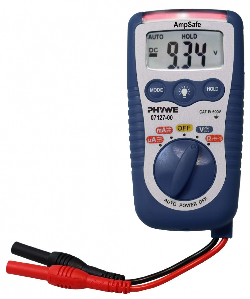 Multimetru digital PHYWE AmpSafe, 600V CC/CA, 200mA CC/CA, 20 MΩ, protecție electronică la suprasarcină 07127-00